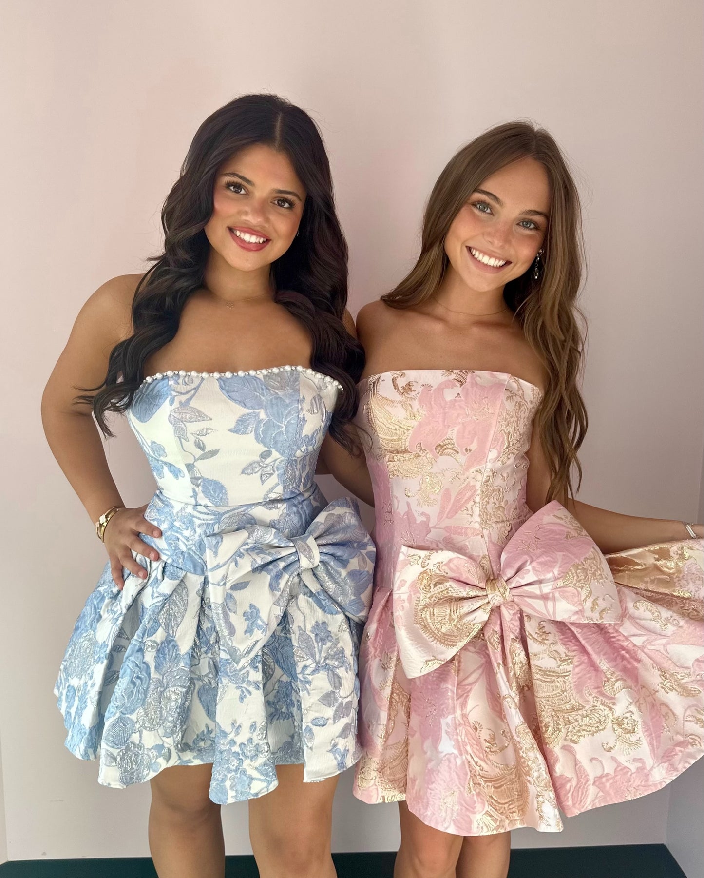 Strapless Floral Jacquard Mini Dress with Bow