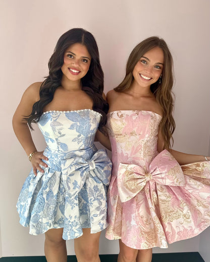 Strapless Floral Jacquard Mini Dress with Bow
