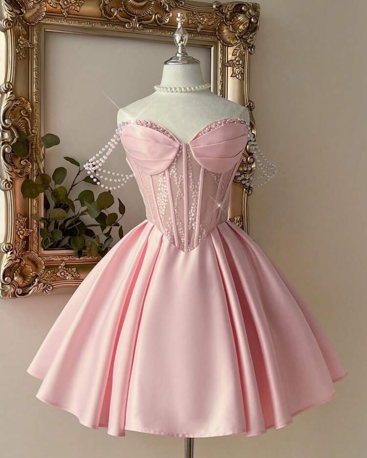 A-Line Satin Corset Mini Dress with Pearl Straps