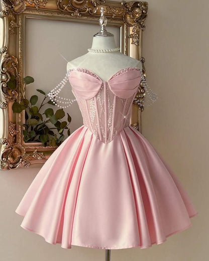 A-Line Satin Corset Mini Dress with Pearl Straps