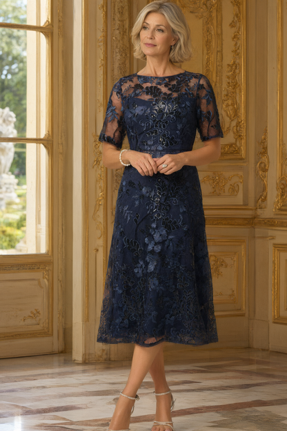 Embroidered Floral Lace Midi Dress with Sleeves
