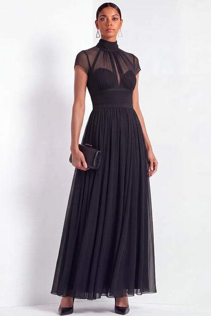 High Neck Pleated Cap Sleeve Chiffon Maxi Gown