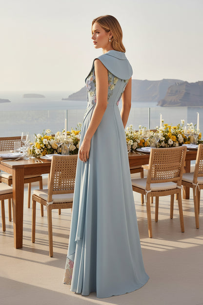 Floral Applique Shawl Collar A-Line Evening Gown