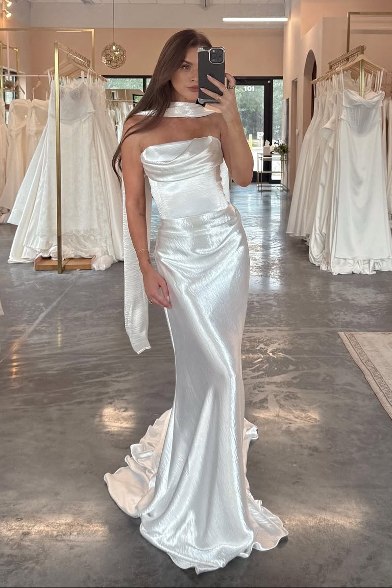 Strapless Cowl Neck Satin Bridal Gown with Scarf