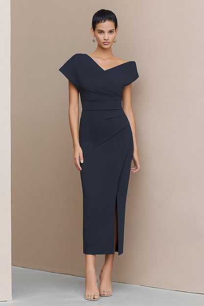 Asymmetrical Pleated Midi Sheath Dress with Slit