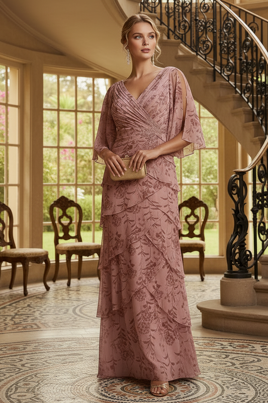 Floral Tiered V-Neck Flutter Sleeve Evening Gown