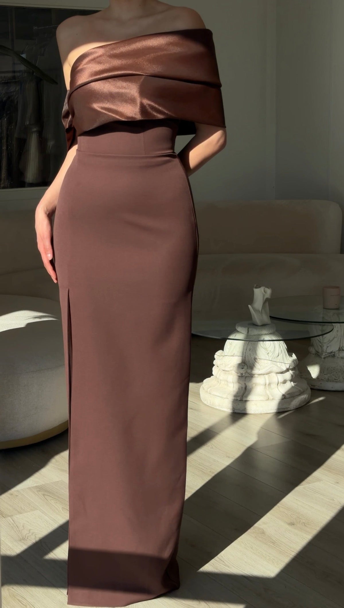 Asymmetrical Foldover Maxi Dress with Leg Slit