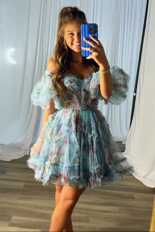 Off-the-Shoulder Floral Ruffle Mini Dress