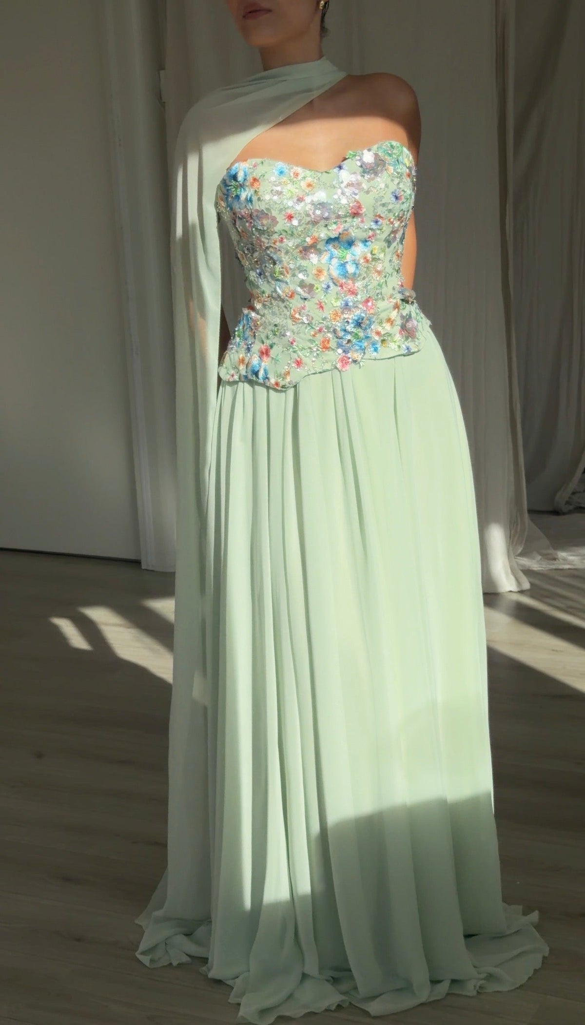 Floral Sequin Corset Evening Gown with Scarf