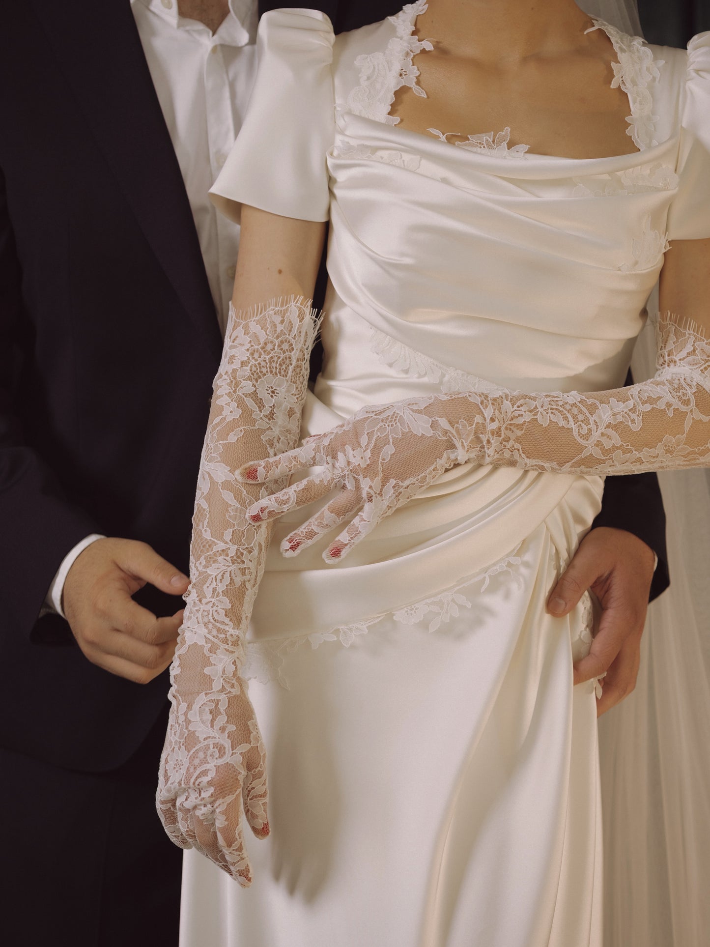 Draped Satin Wedding Dress with Lace Trims