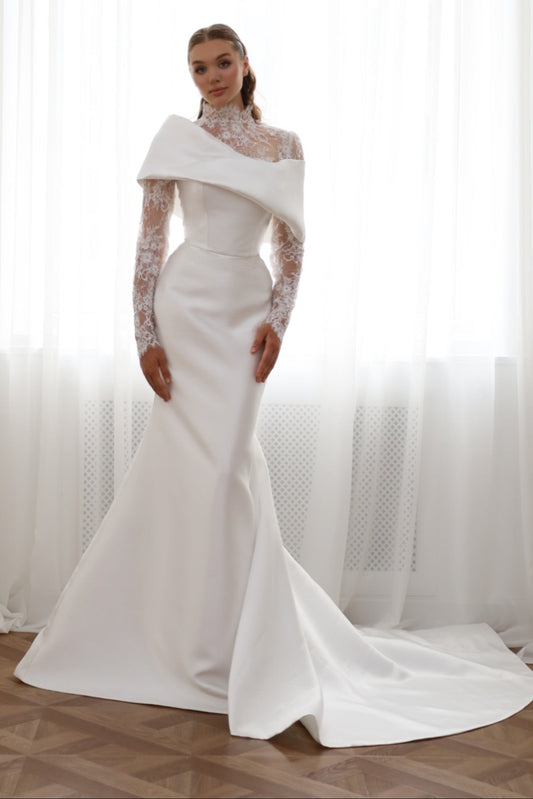 Asymmetric Satin Mermaid Wedding Dress with Lace Sleeves