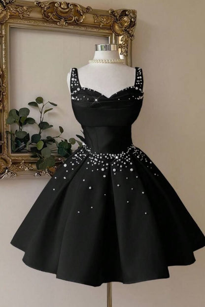 Pearl Embellished Sweetheart Satin Mini Dress