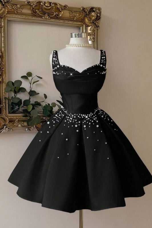 Pearl Embellished Sweetheart Satin Mini Dress