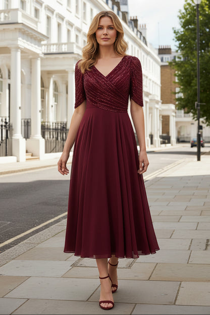 Beaded V-Neck Flutter Sleeve Midi A-Line Dress