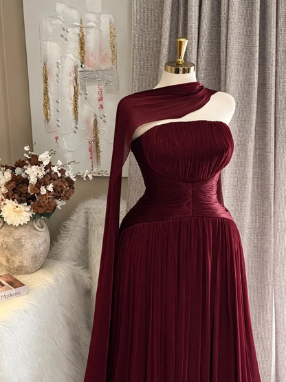 Pleated Strapless Evening Gown with Neck Drape