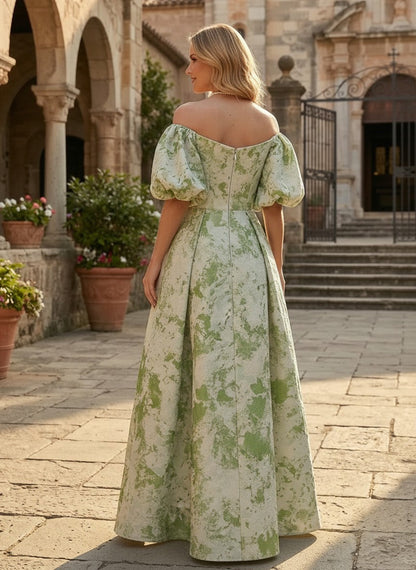 Off-the-Shoulder Jacquard Puff Sleeve Gown