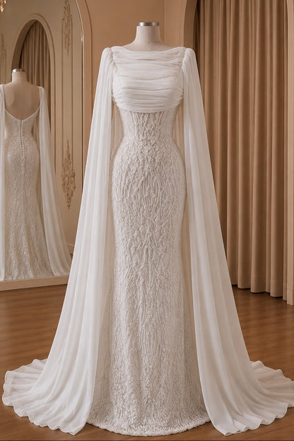 Beaded Cape Sleeve Mermaid Wedding Gown