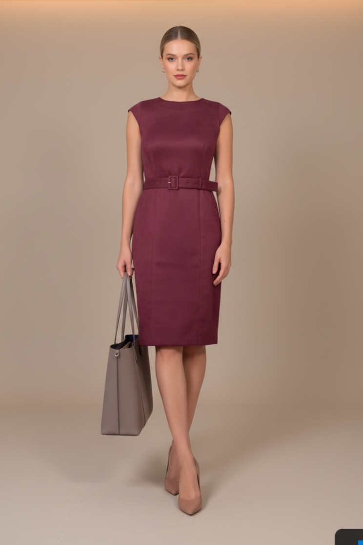 Belted Cap Sleeve Knee-Length Sheath Dress
