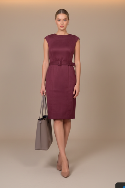 Belted Cap Sleeve Knee-Length Sheath Dress