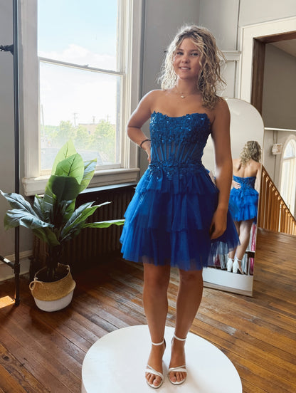 Strapless Tiered Tulle Short Dress with Corset Bodice