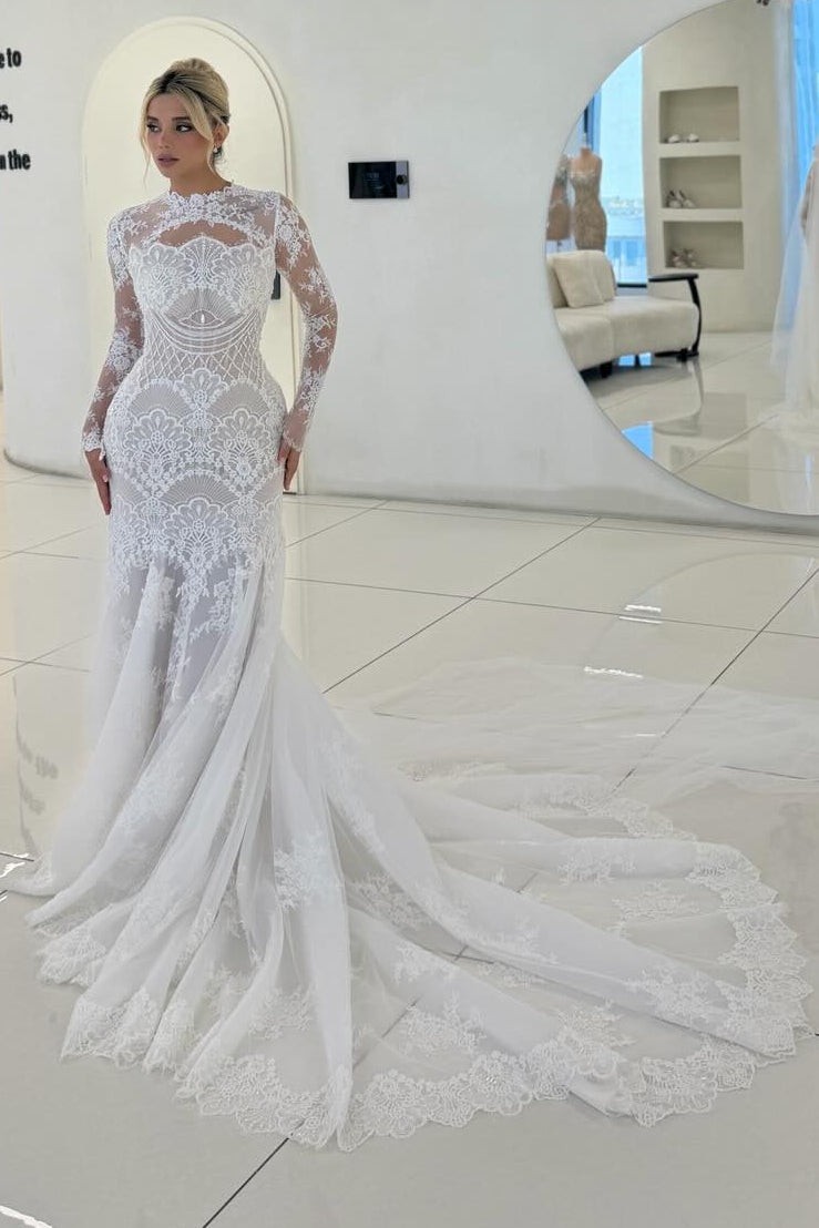 Long Sleeve Illusion High Neck Lace Mermaid Wedding Dress