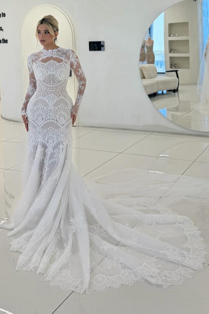 Long Sleeve Illusion High Neck Lace Mermaid Wedding Dress
