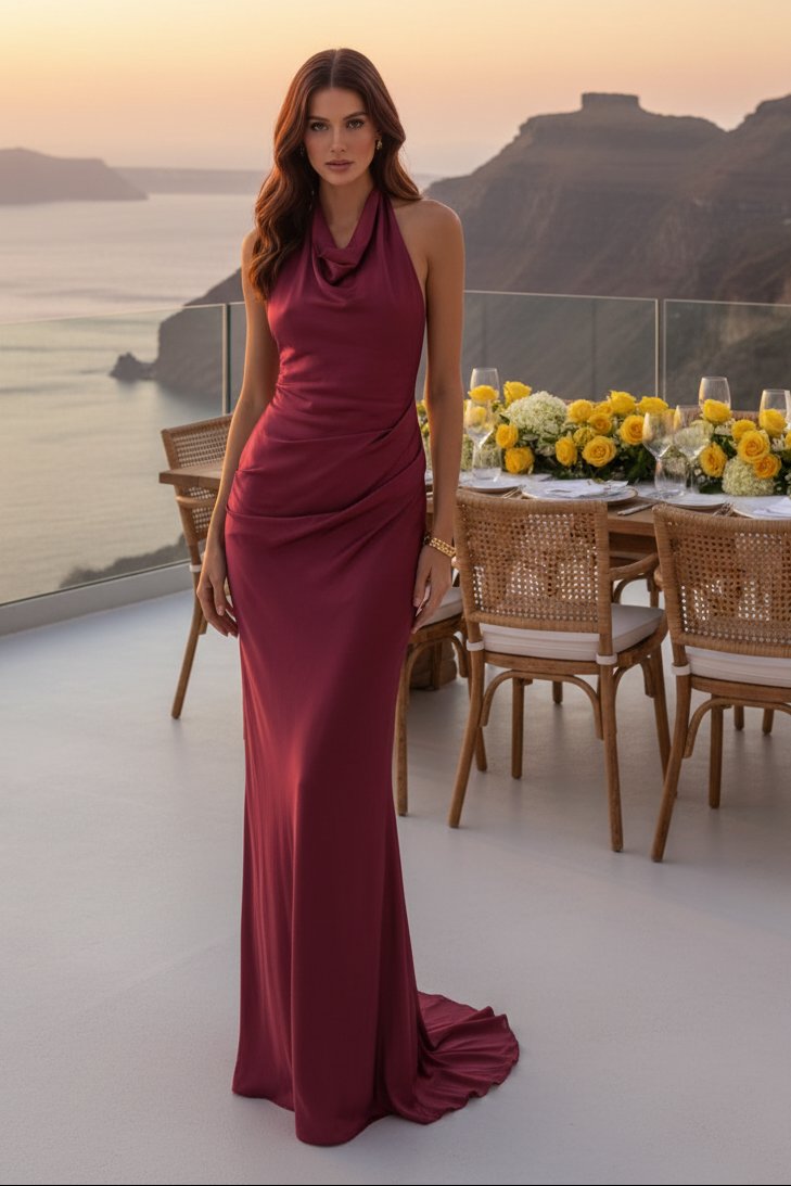 Cowl Halter Ruched Maxi Dress