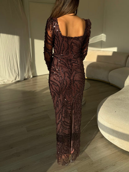 Beaded Square Neck Column Gown with Long Sleeves