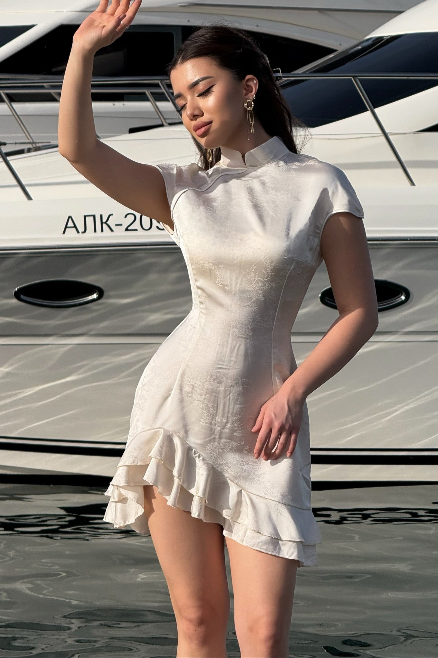 Mock Neck Ruffled Jacquard Mini Dress