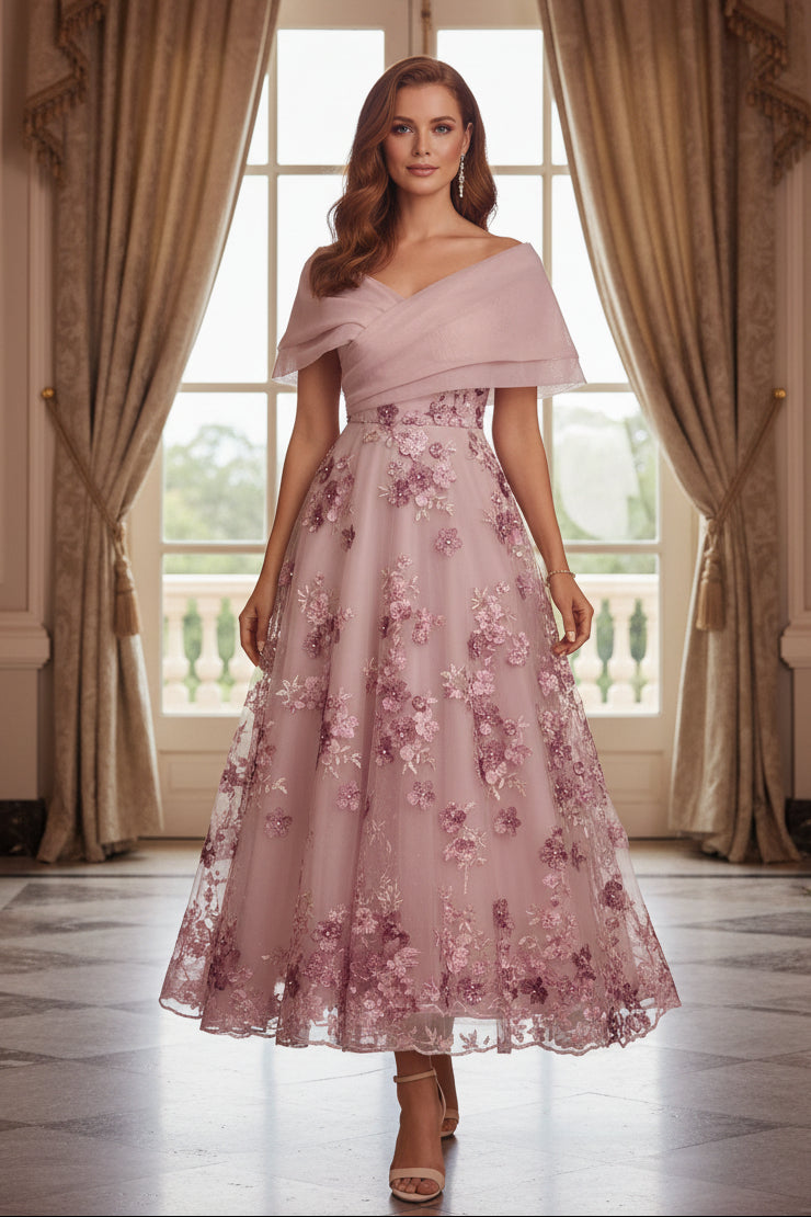 Floral Embroidered Off-the-Shoulder Tea-Length Dress
