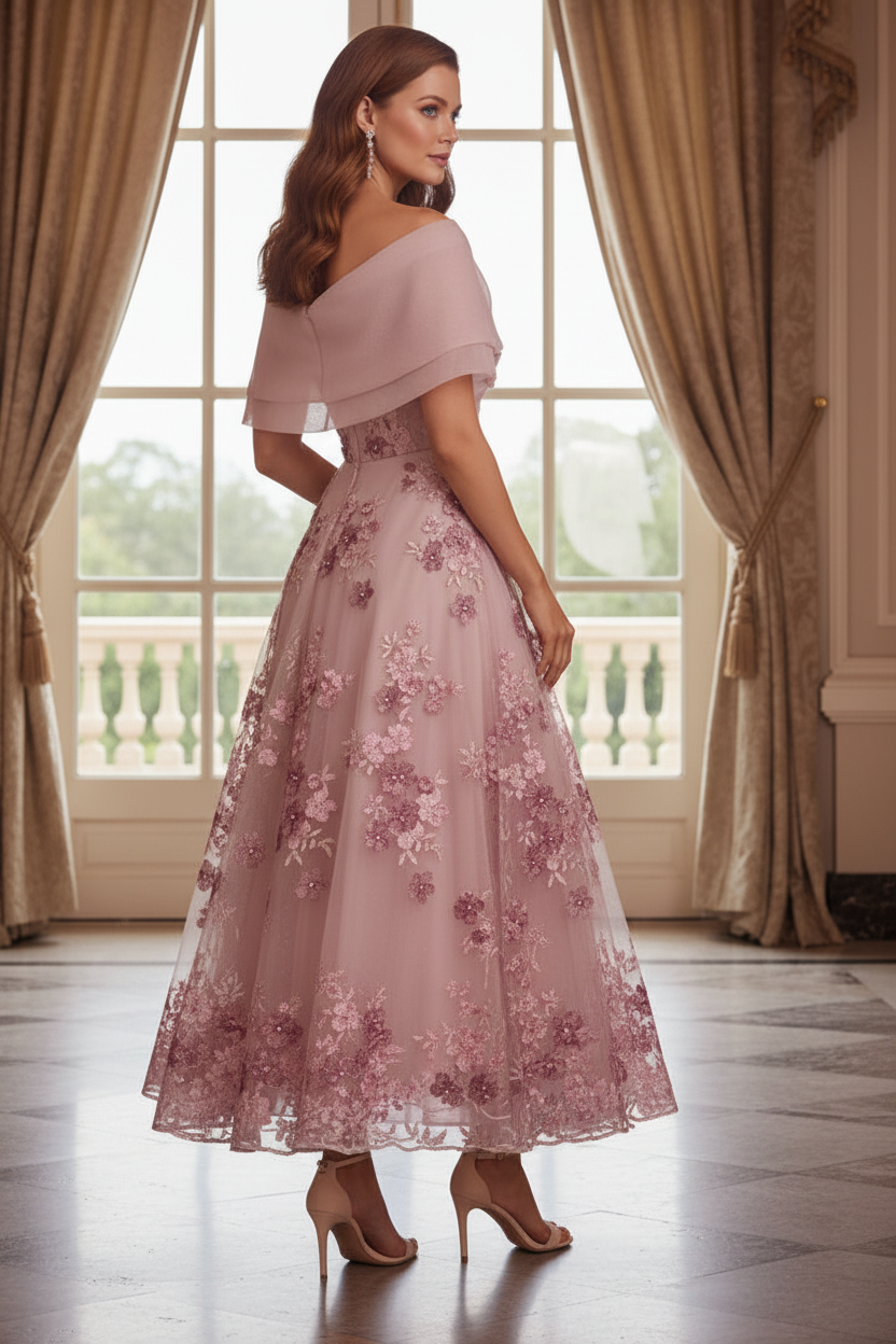 Floral Embroidered Off-the-Shoulder Tea-Length Dress