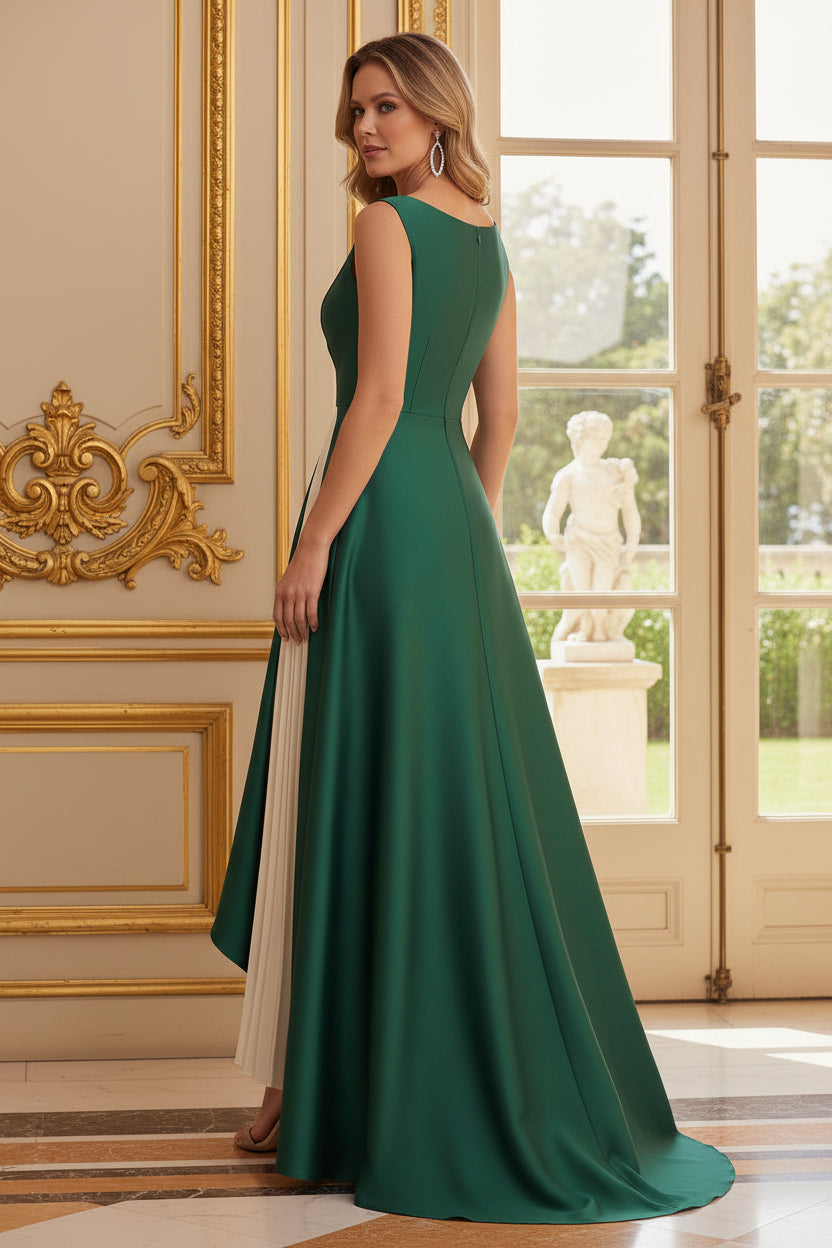 Pleated Inset High-Low Evening Gown with Applique