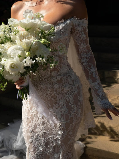 Off-the-Shoulder Long Sleeve Lace Mermaid Wedding Dress