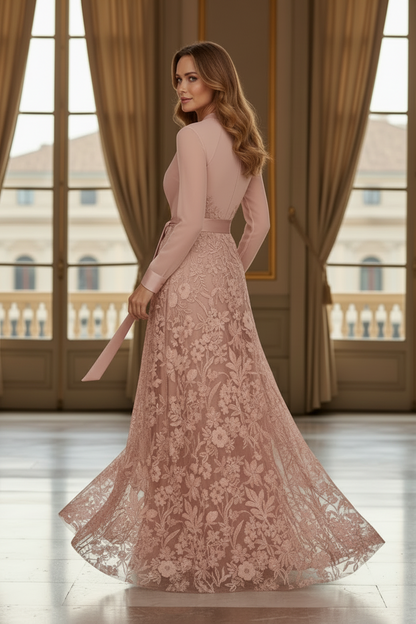 Embroidered Lace A-Line Gown with Tie Belt
