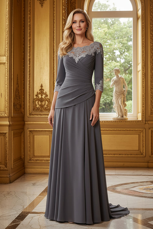 Lace-Trim Ruched Bodice A-Line Gown with 3/4 Sleeves
