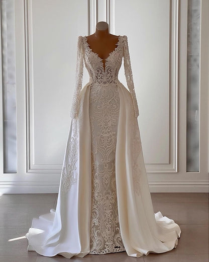 Lace Column Wedding Dress with Detachable Overskirt