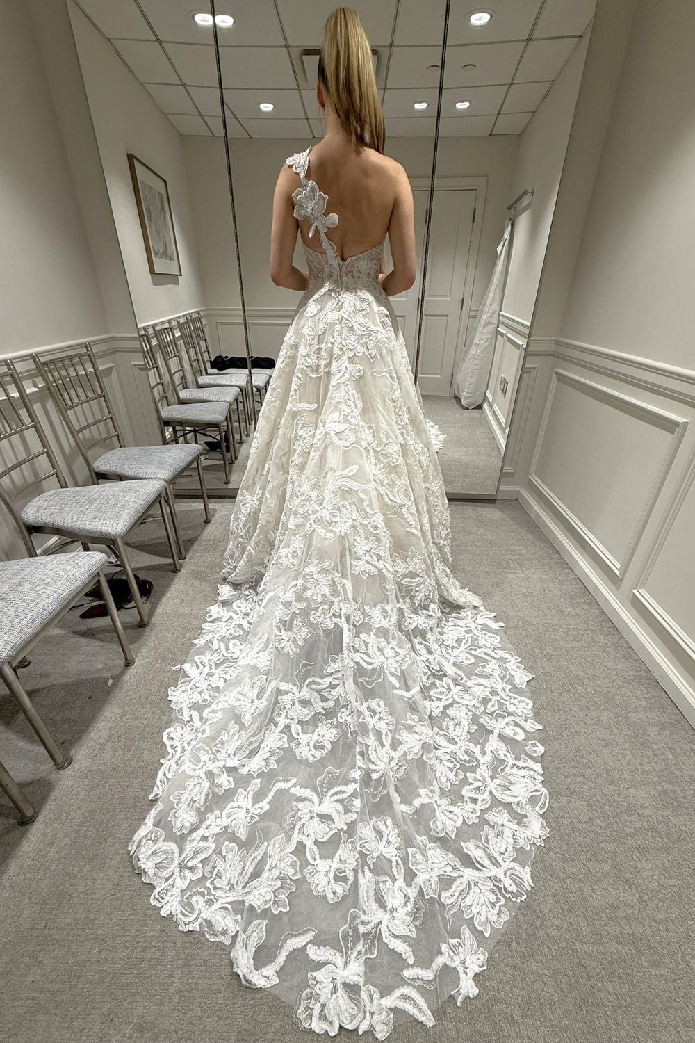 One-Shoulder Lace A-Line Gown with Chapel Train