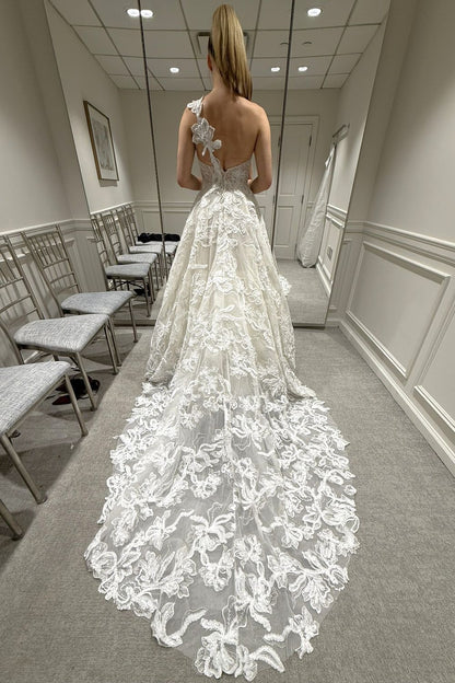One-Shoulder Lace A-Line Gown with Chapel Train