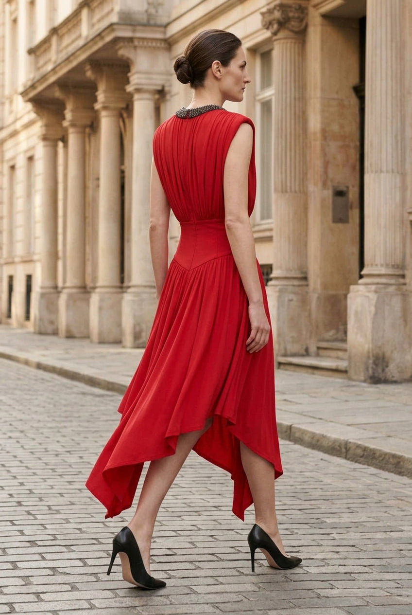 Pleated Asymmetric Midi Dress with Beaded Neckline