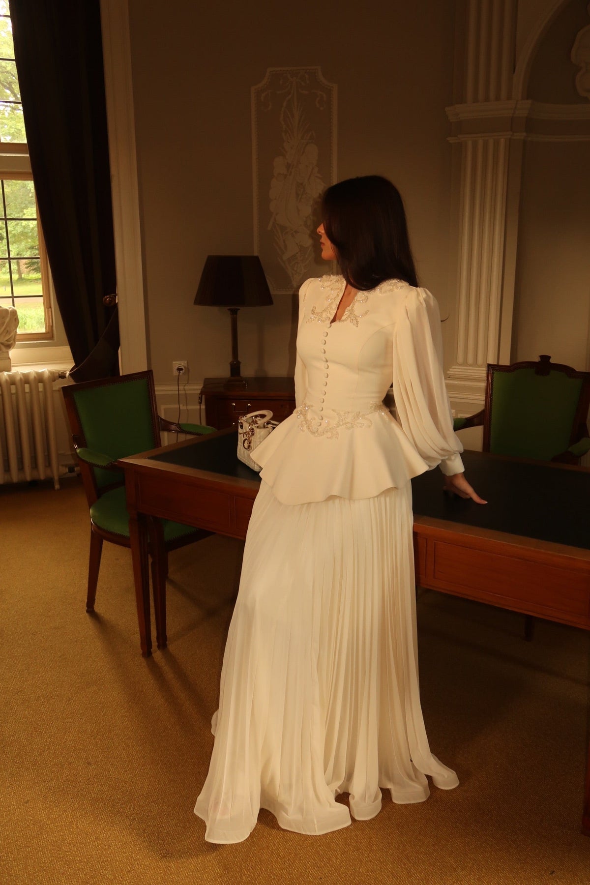Peplum Evening Gown with Bishop Sleeves