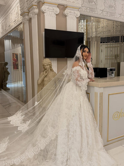 Off-the-Shoulder Lace Long Sleeve Ball Gown Wedding Dress