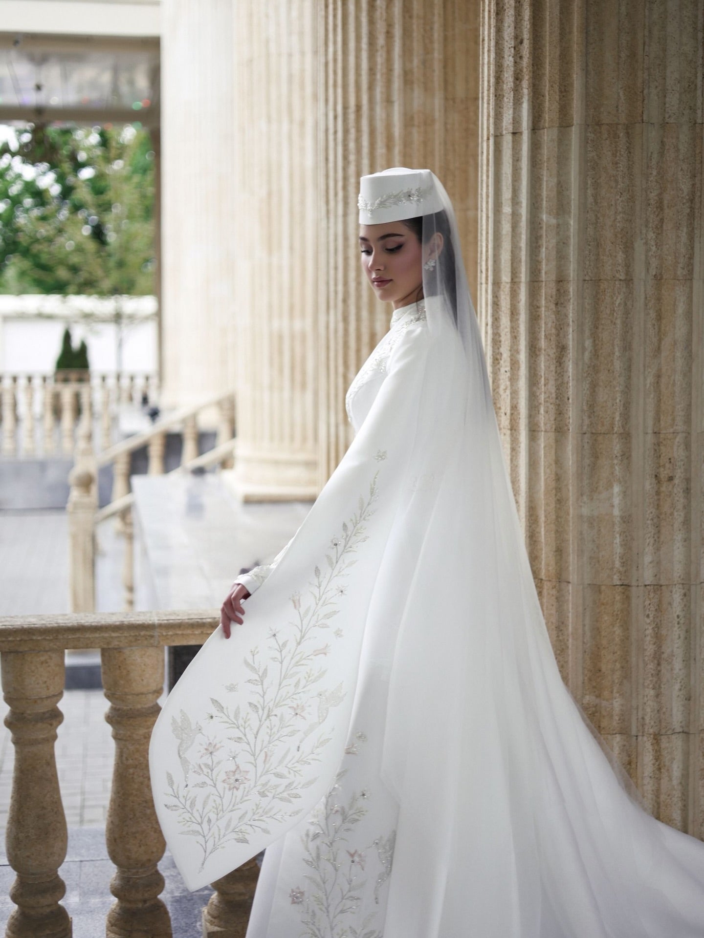 High-Neck Embroidered Bridal Gown with Cape Sleeves