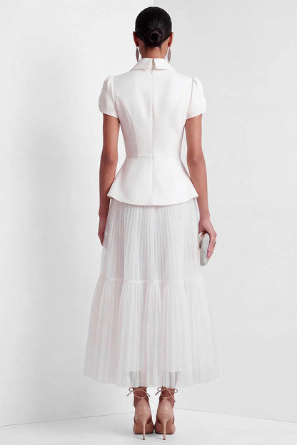 Collared Peplum Midi Dress with Pleated Tulle Skirt