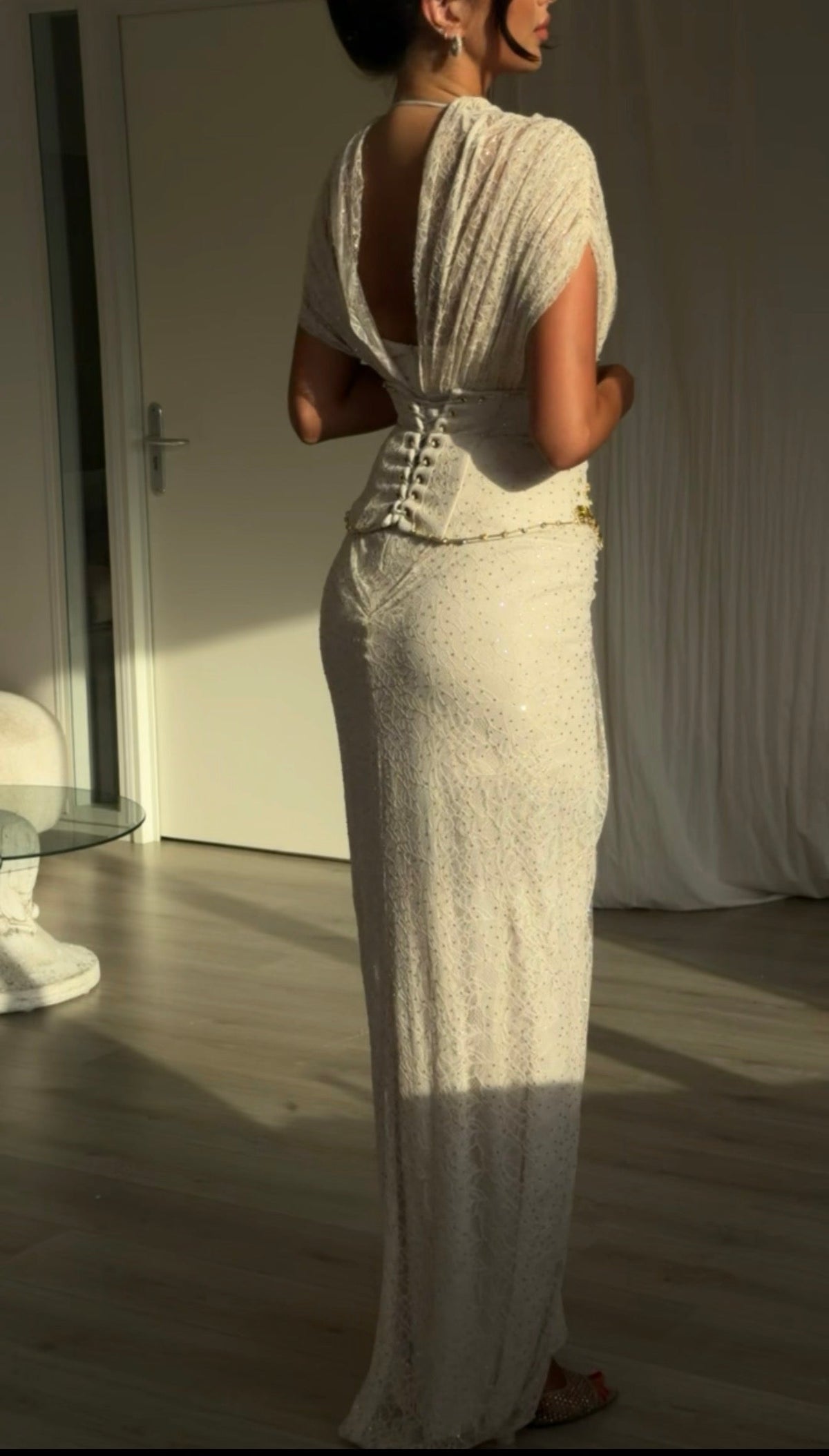 Off-Shoulder Ruched Gown with Crystal Trim