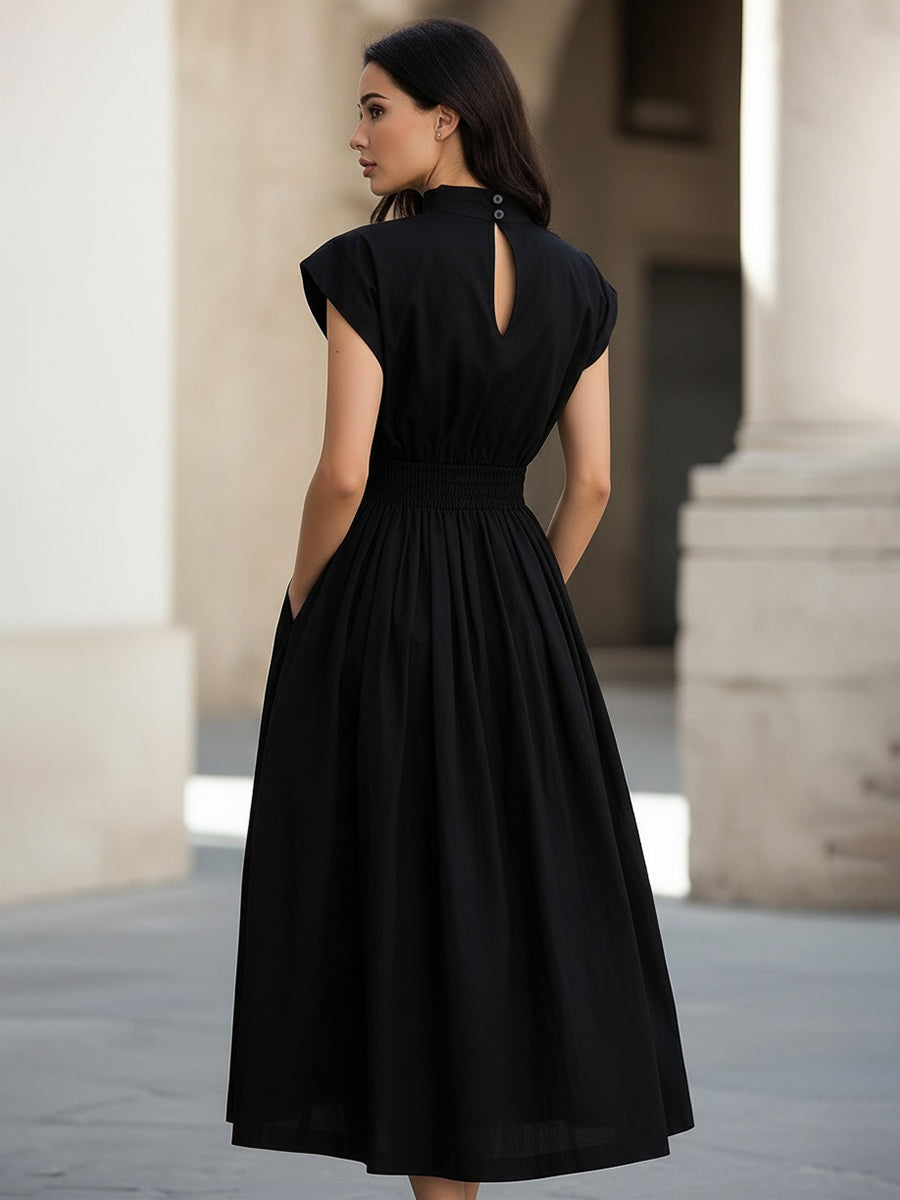High Neck Midi Dress with Smocked Waist