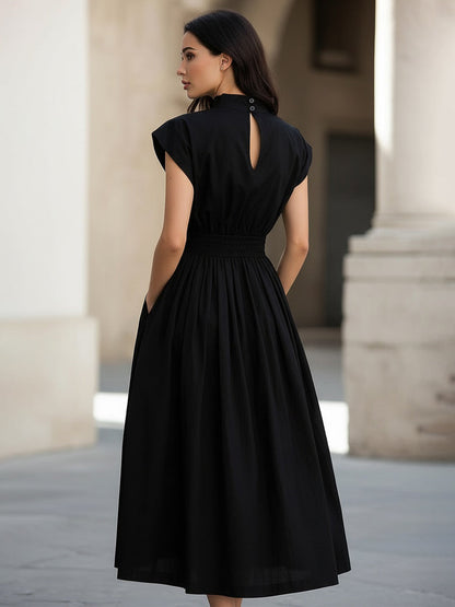 High Neck Midi Dress with Smocked Waist