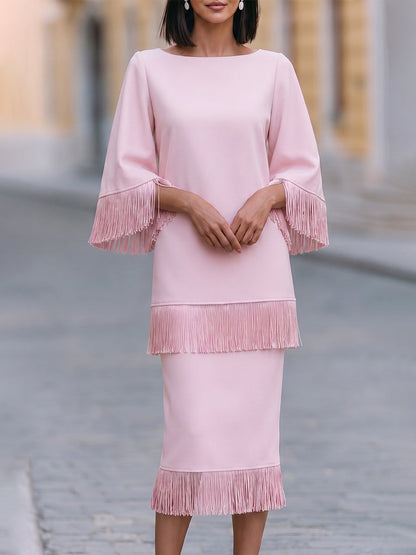 Fringe Trim Bateau Midi Dress with Bell Sleeves