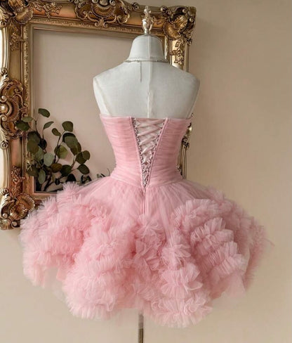 Strapless Sweetheart Corset Ruffled Tulle Mini Dress