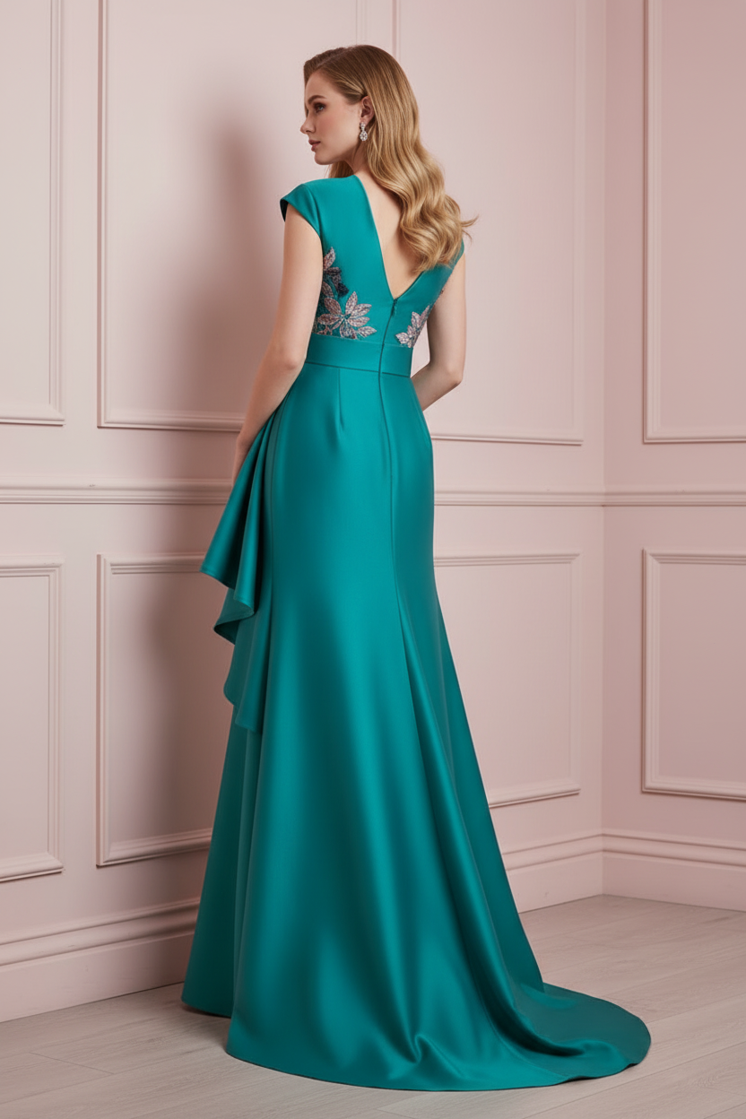 Asymmetrical Embroidered Satin Evening Gown