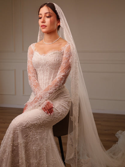 Corset Lace Mermaid Wedding Dress with Long Sleeves
